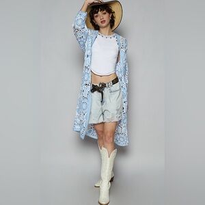 NWOT POL Light Blue and white flower Crochet Cardigan